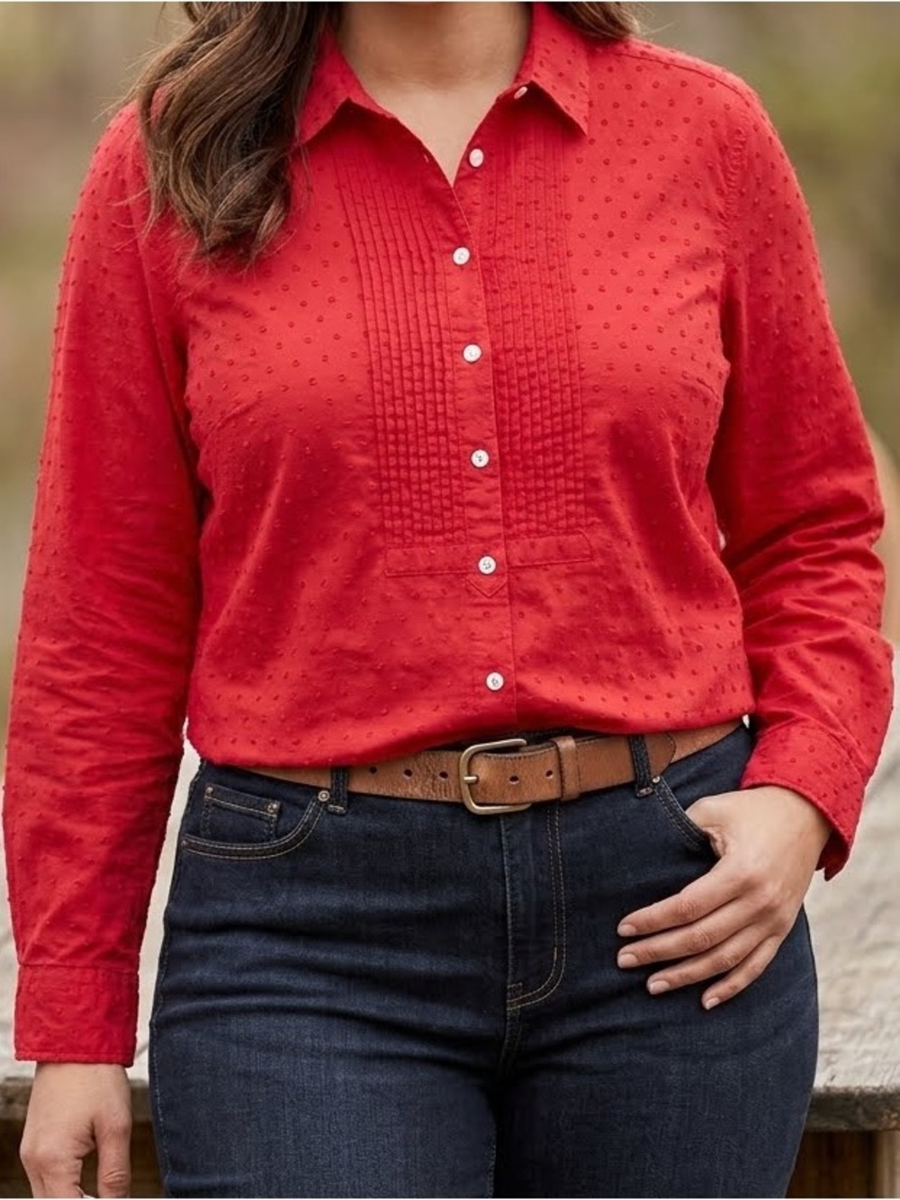 Talbots Red Button Up Shirt Swiss Dot Pleated Petite 14P Cotton Roll Tab Blouse